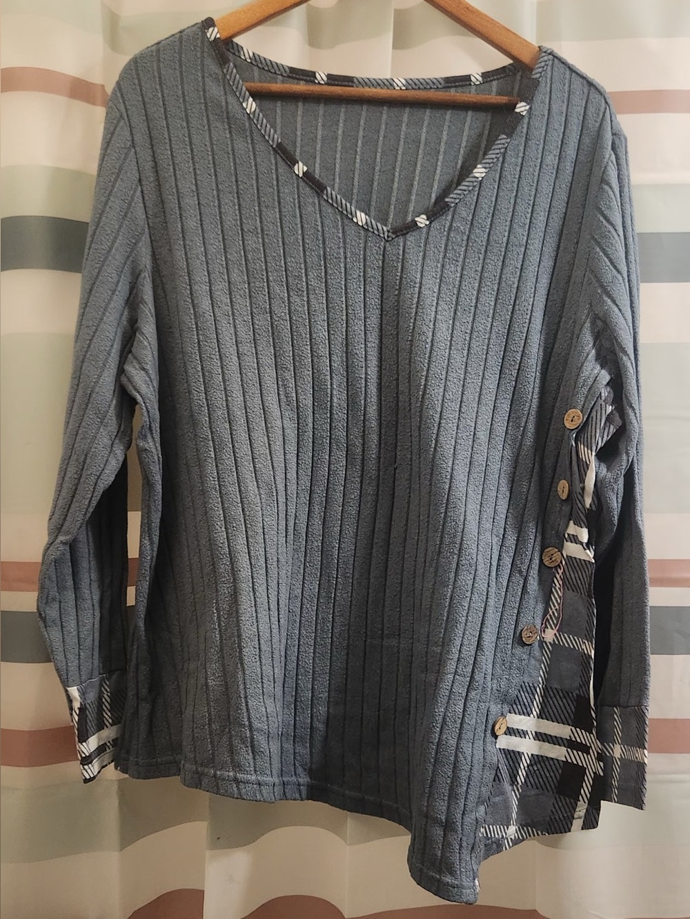 SHEIN Blue Asymmetrical Ribbed V-Neck Sweater with Plaid Button Trim